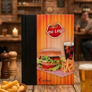 Pasta Cardápio com Capa personalizada - A4 + 4 divisórias - KIT c/ 5 UN