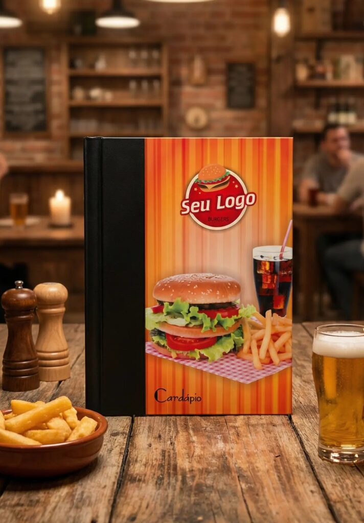 Pasta Cardápio com Capa personalizada - A4 + 4 divisórias - KIT c/ 5 UN