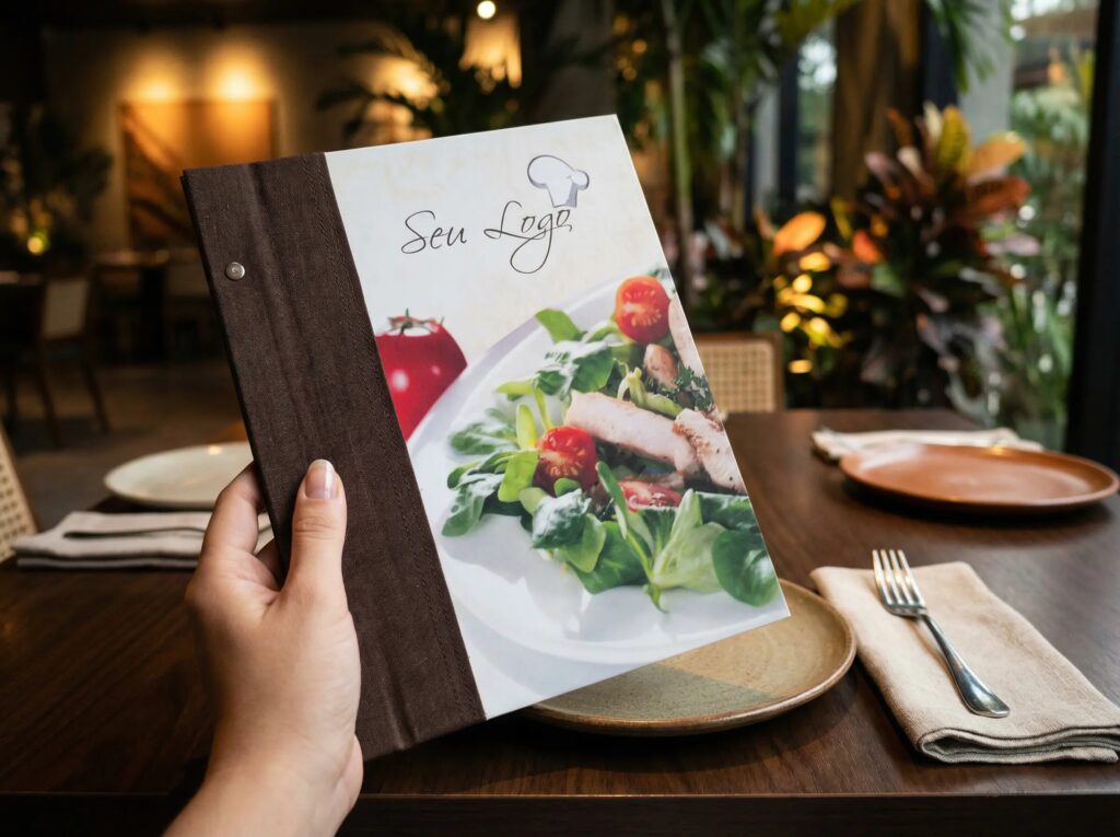 Pasta Cardápio com Capa personalizada - A4 + 5 divisórias - KIT c/ 5 UN