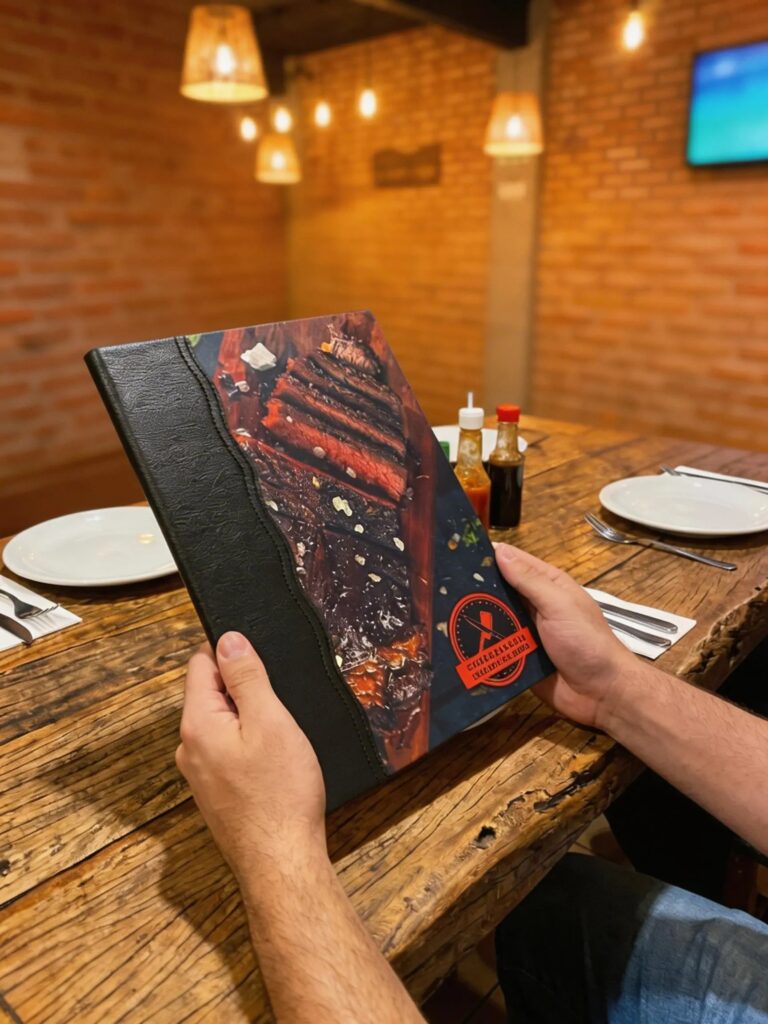 Pasta Cardápio com Capa personalizada - A4 + 4 divisórias - KIT c/ 5 UN